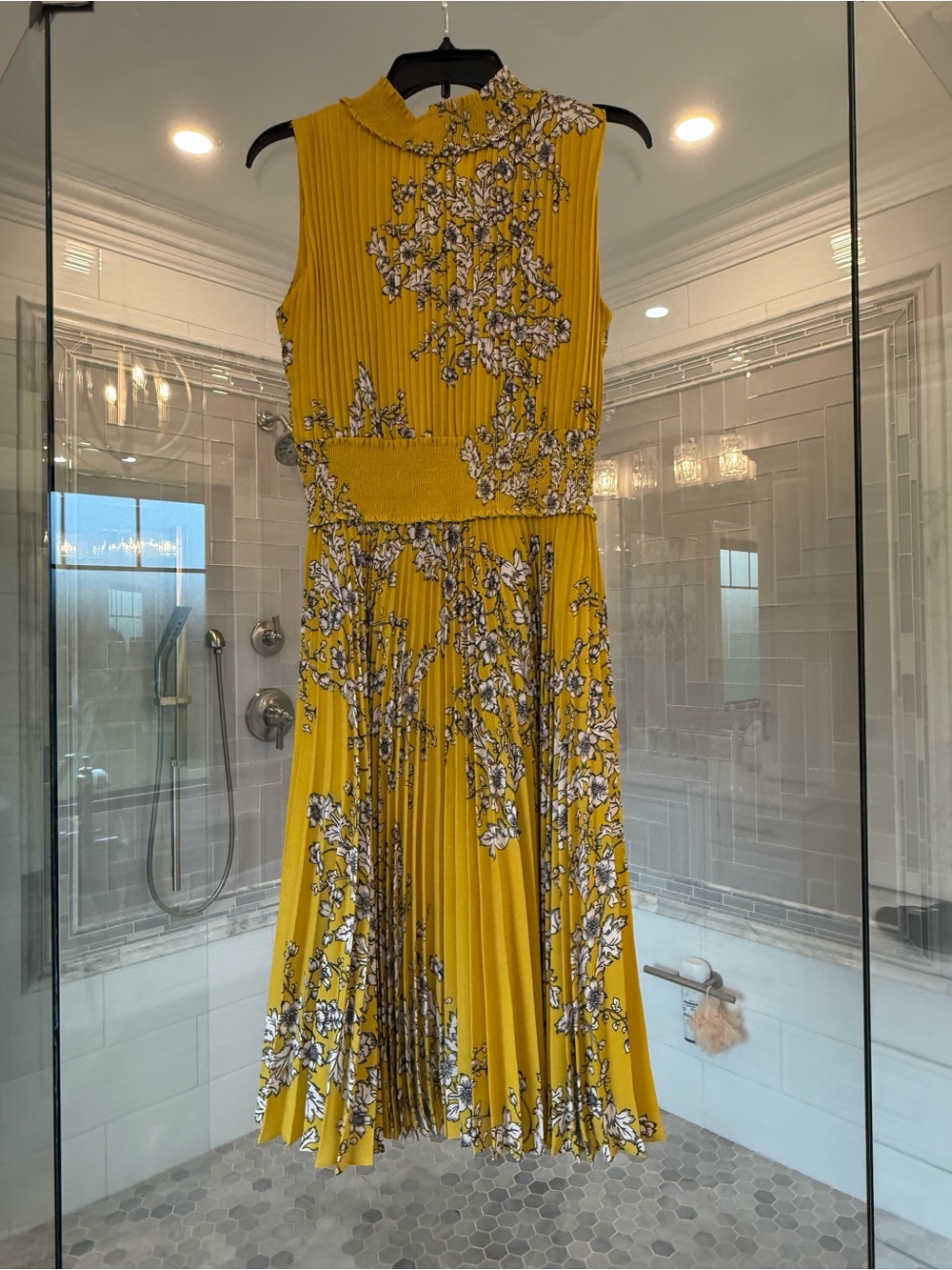 Nanette Lepore Mustard Yellow Floral Pleated Midi Dress
